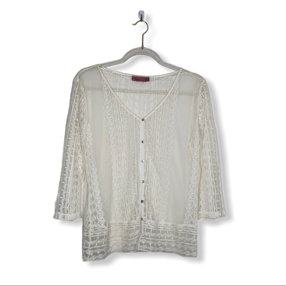 Trucco White Lace Button Up Top Medium 3/4 Sleeve